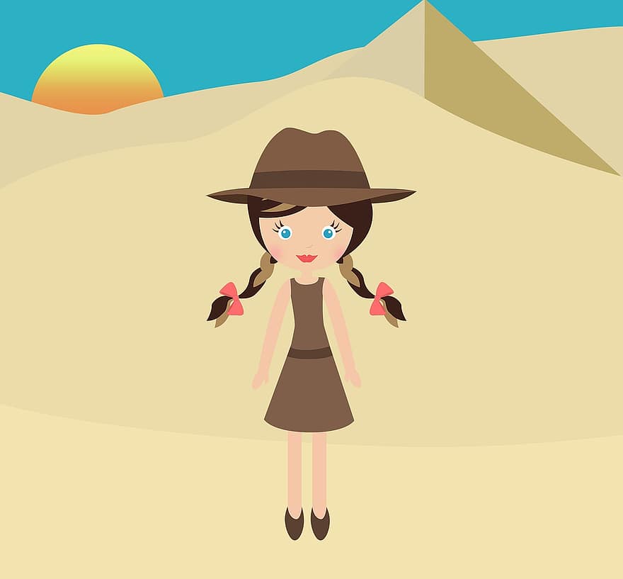 pop, hoed, baby meisje, zand, zon, hemel, Egypte, piramide, warmte, zonsondergang, woestijn