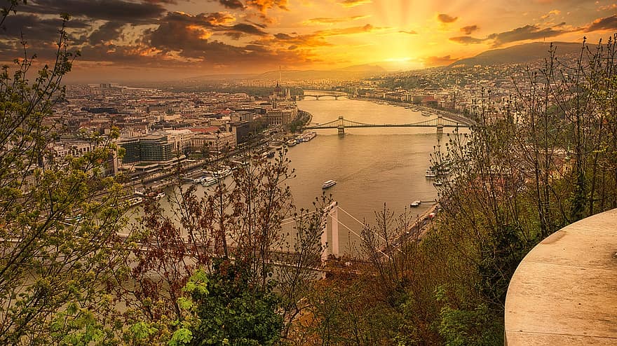 Dunaj, rzeka, Miasto, Budapeszt, Węgry, zachód słońca, architektura