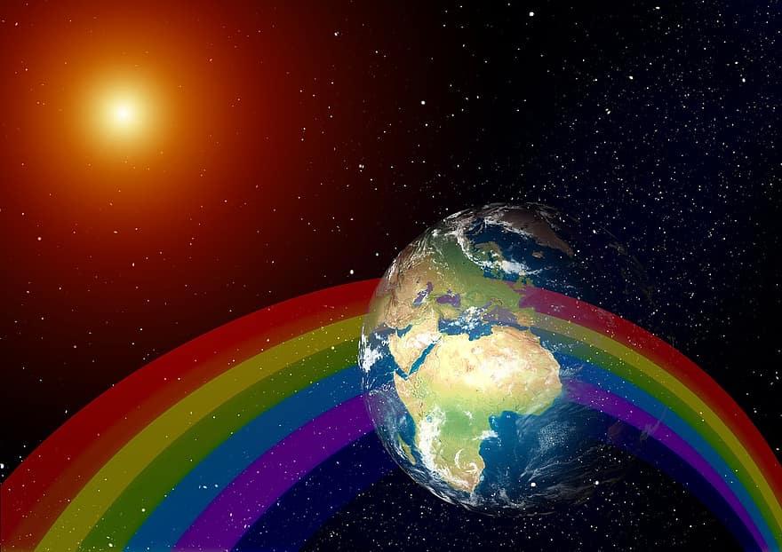 földgolyó, föld, tér, világegyetem, csillag, bolygó, szivárvány, könnyű sáv, szín, hullámhossz, színkép