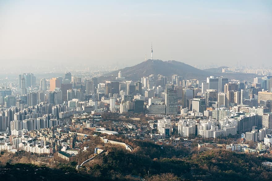 Asien, Sydkorea, korean, seoul, stad, se, panorama, stadslandskap, horisont, arkitektur, urban