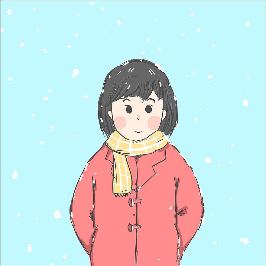 noia, dibuix, roba d'hivern, nevades, nevar, fred, Dibuix de dibuixos animats, dona jove, dibuix de nena, hivern, nevat