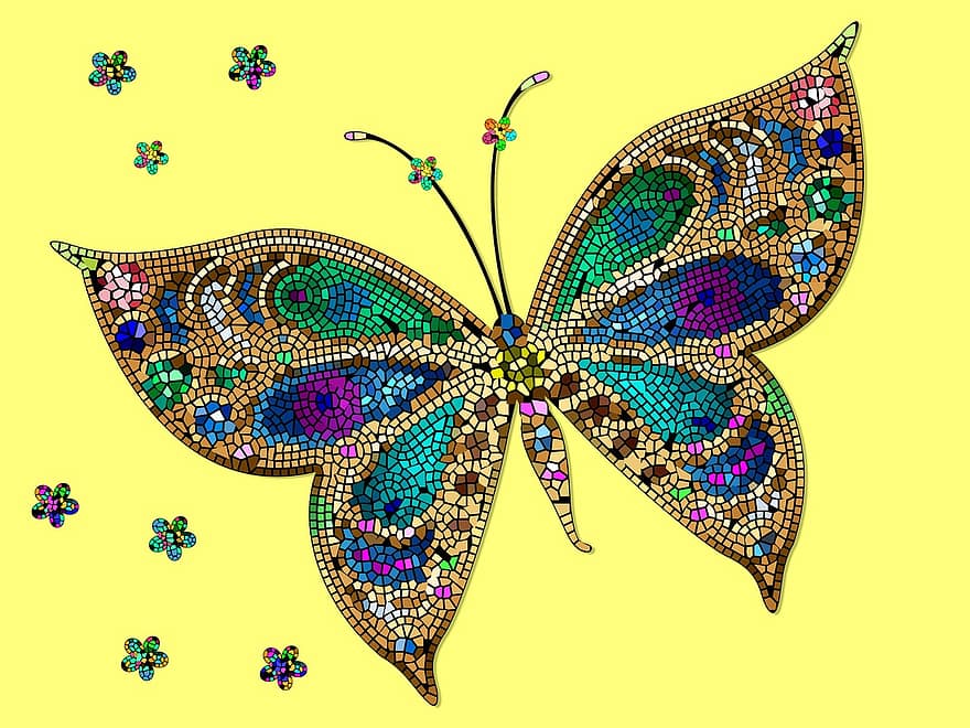 papallona, mosaic, groc, colorit, mural, decoració, decoratiu, fragments, blau