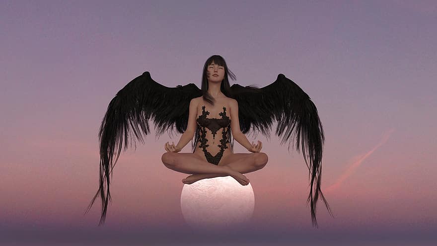 anioł, medytacja, księżyc, planeta, zachód słońca, noc, skrzydełka, kostium, poza, joga, jogin