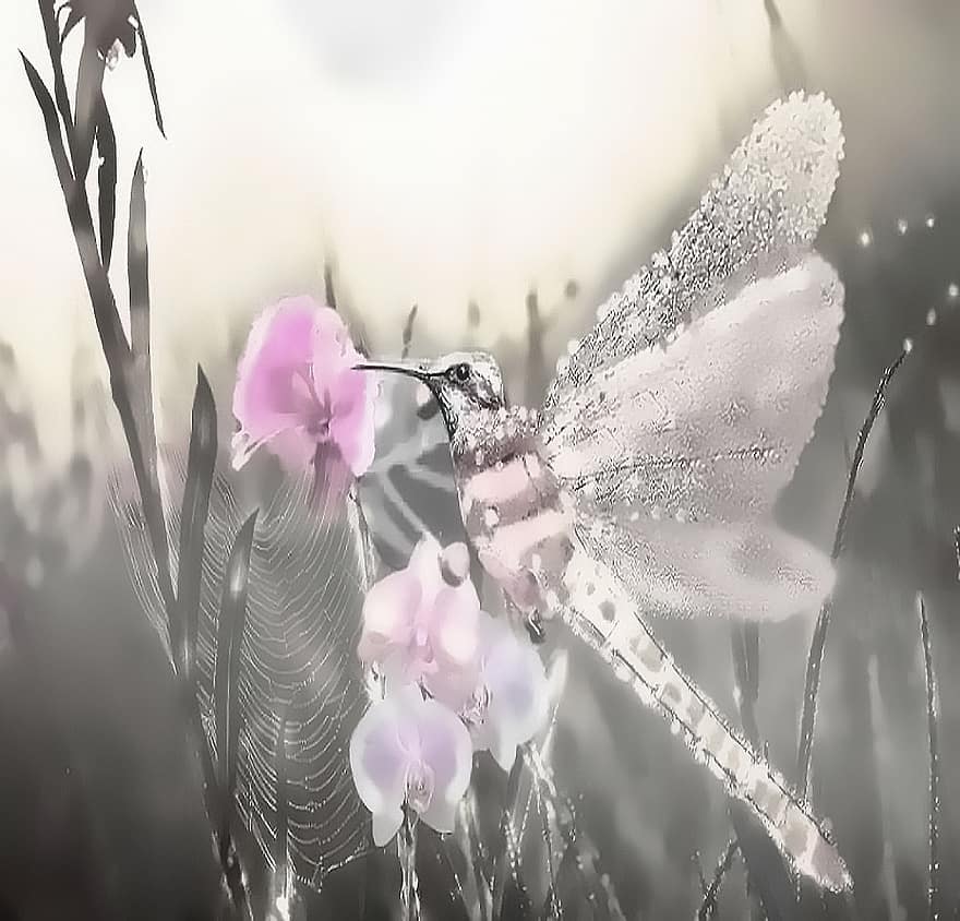 fantasía, colibrí, libélula, naturaleza, niebla, insecto