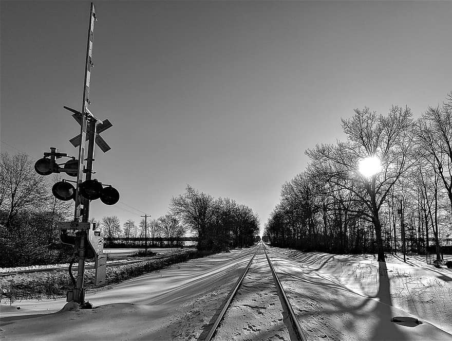 železnice, sníh, fairfield, illinois, Jižní Illinois, signál vlaku, Černý a bílý, provoz, přeprava, železniční trať, auto