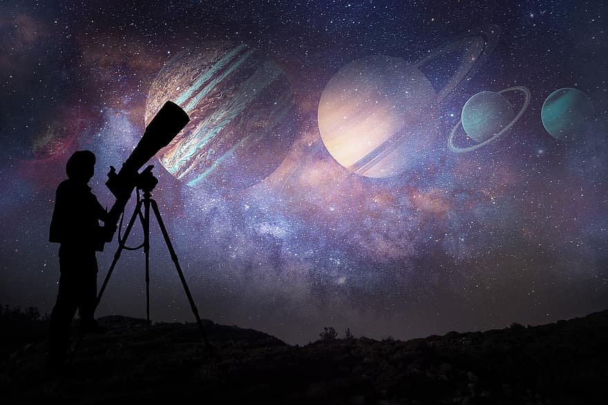 planeter, solsystem, teleskop, silhuet, plads, himmel, stjerner, stjernehimmel, nat, astronomi, sci-fi