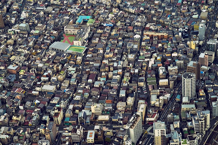 เมือง, ในเมือง, บ้าน, อาคาร, cityscape, มุมมองด้านบน, มุมมองทางอากาศ, ถนน, โตเกียว, ประเทศญี่ปุ่น