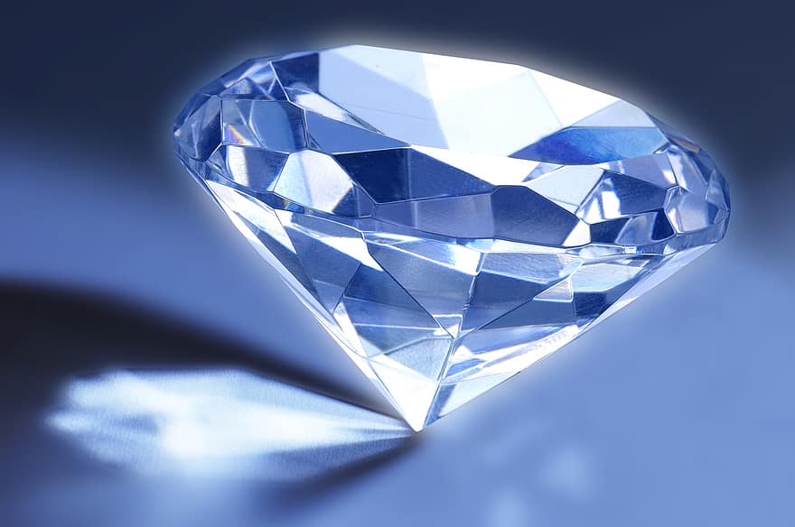 ダイヤモンド、宝石、屈折、ファセット、結晶、青