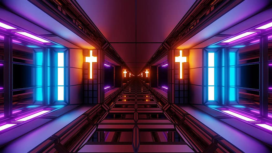 Futuristischer Tempel, Scifi-Tempel, Science-Fiction-Tempel, Kreuz, Christian, heilig, futuristisch, Scifi, Science-Fiction, Tunnel, Hintergrund