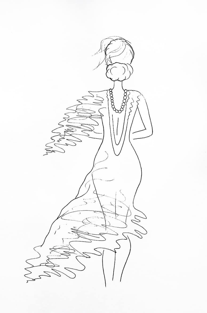 kvinne, mote, tegning, kutte opp, kjole, vannfarge, figur, femininitet, dame, Kunst, skisse