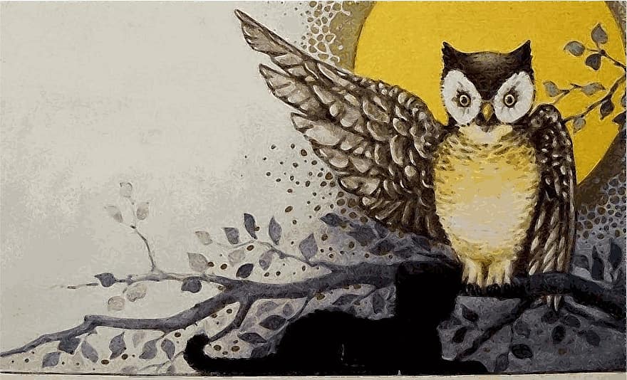 Owl, Vintage, Old Card, Moonlight, Forest, Night, Fear, Dark