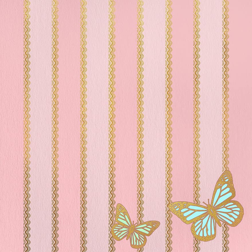 Pattern, Stripes, Golden, Pink, Butterflies