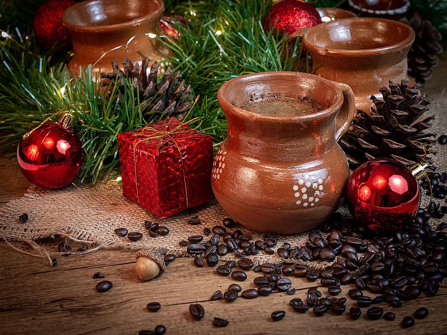 커피, 크리스마스, 식품, 음주, 선물, 겨울, 장식, 나무, 표, 축하, 문화