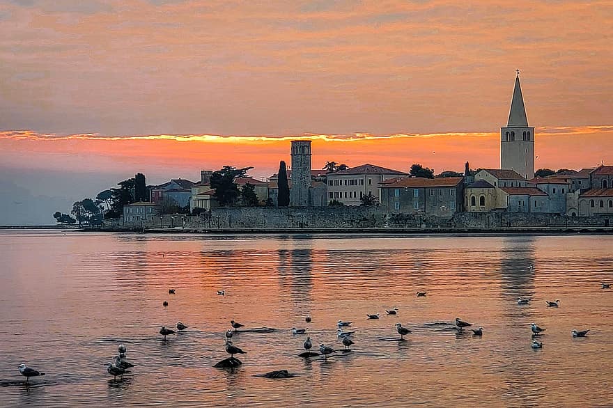 Town, Coast, Birds, Dusk, sunset, water, architecture, famous place, night, cityscape, history