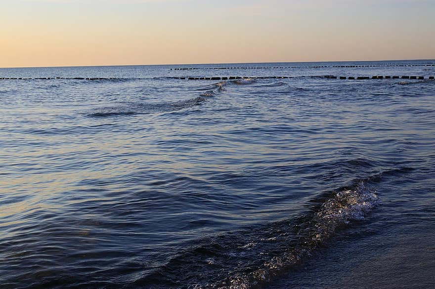 hav, bølge, solnedgang, det Baltiske hav, vann, natur, horisont, skumring, Vanngurgling, sommer, blå