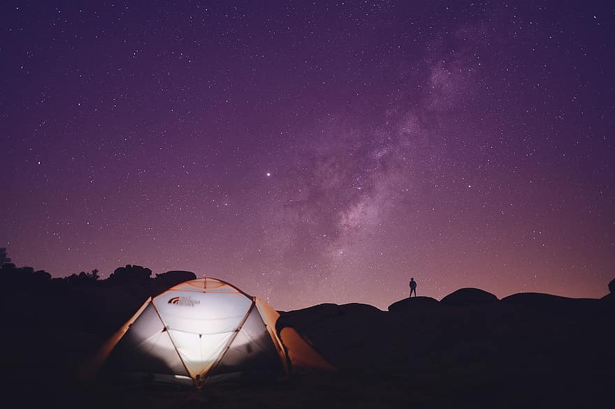 Tent, Camping, Hills, Man, Silhouette, Sky, Stars, Starry, Galaxy, Cosmos