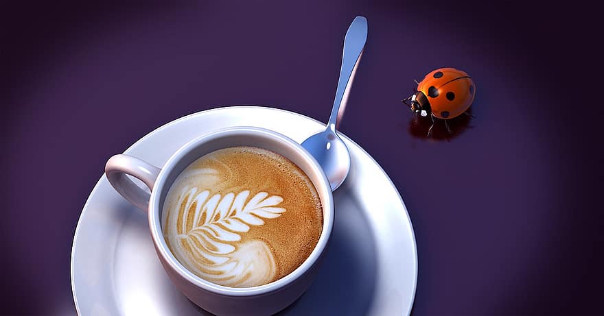 Käfer, Kaffee, Tasse, Creme, Kaffeeschaum, Milchschaum, Löffel, 3d, brechen