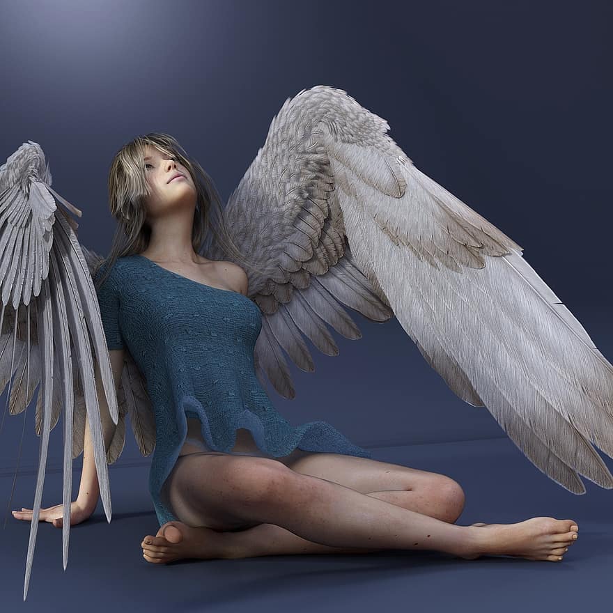 anděl, křídlo, žena, ženský, Mladá žena, Andělská tvář, trubka, pohádka, digitální umění, póza, fantazie