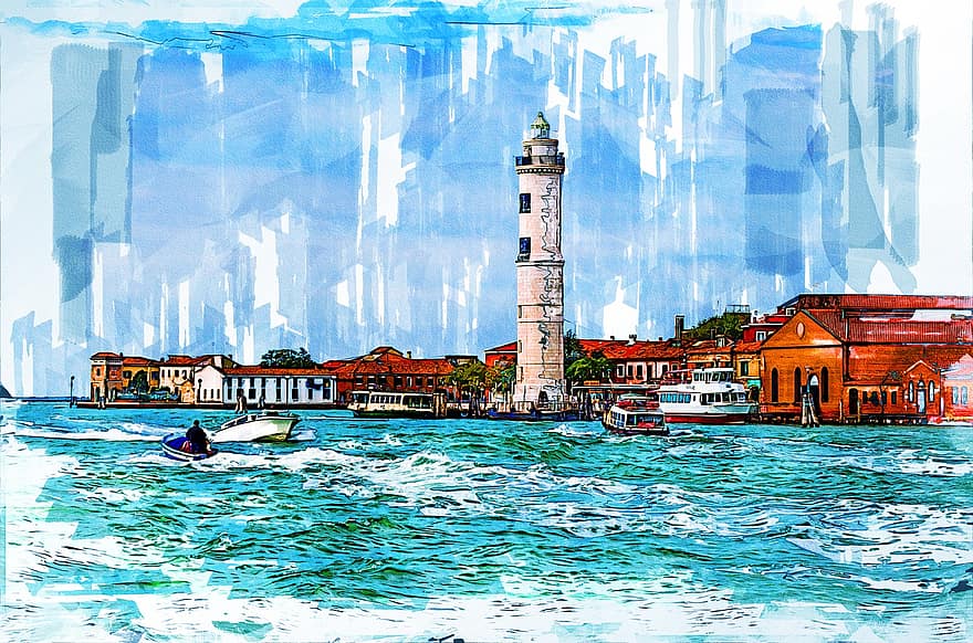 Murano fyrtårn, venedig, venetianske lagune, Veneto, Italien, blå, båd, farveblyant, flydende by, utrolig, italia