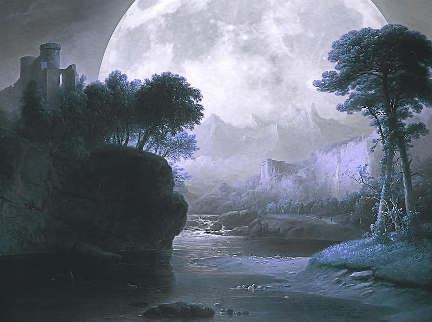 Luna llena, Luna, lunar, arboles, río, naturaleza, pintura, castillo, luz de la luna, paisaje, escena