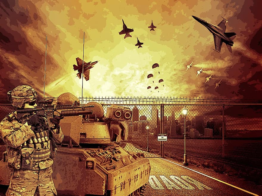 quân đội, hàng không, bộ binh, cuộc xâm lăng, xe tăng, cái dù bay, thành phố, phi cơ, máy bay, lính dù, cánh tay