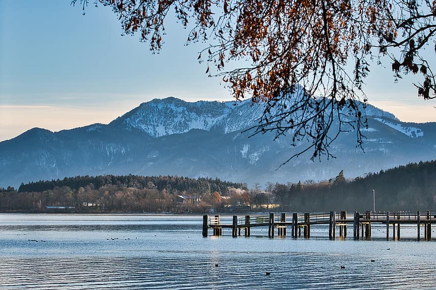 molo, lago, montagne, catena montuosa, paesaggio di montagna, paesaggio, natura, Chiemgau, chiemsee, Baviera, panoramico