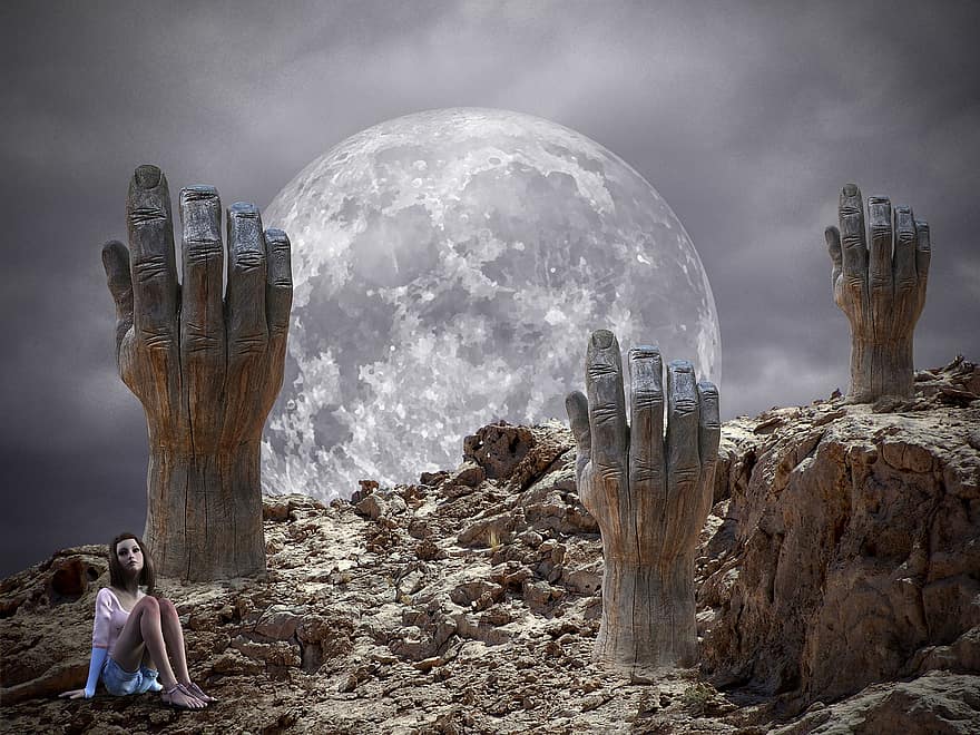 Moon, Girl, Rocks, Hands, Dark, Mystic, Imaginary, Fairy Tale, Dreams, Surreal, Mysterious