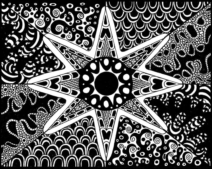 star, Zentangle Resimleri, çizim, siyah ve beyaz, Sanat