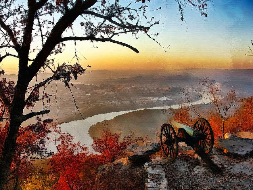 Chattanooga, Tennessee, by, byer, by-, udsigt, hdr, kanon, militærpark, solnedgang, overse