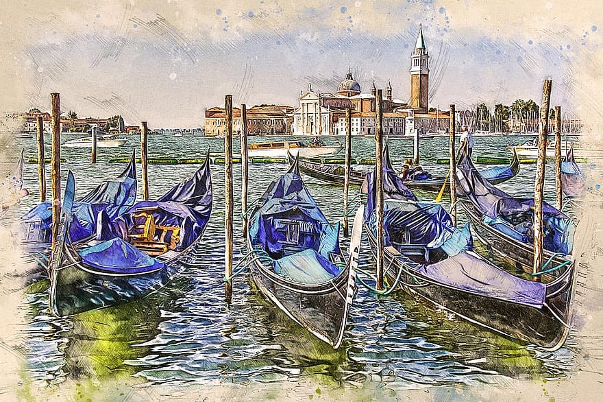 Venice, Italy, Gondolas, Channel, Travel, City, Europe, Lagoon, Boats, Painting