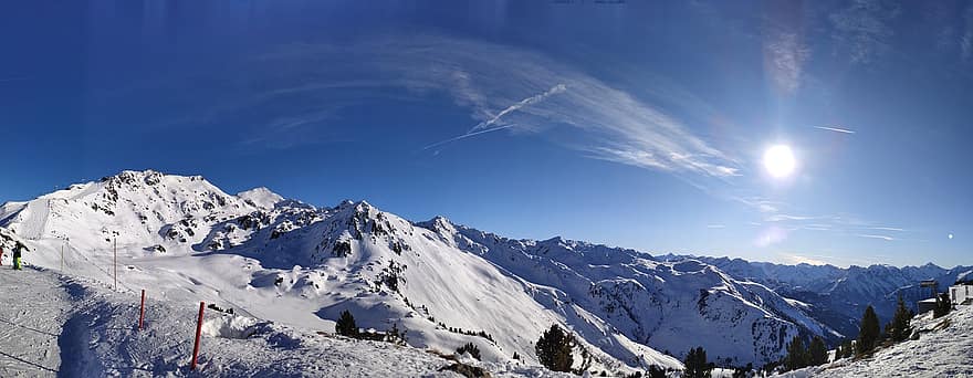 лыжа, горы, лыжный курорт, Циллерталь, заход солнца, природа, снег, гора, зима, синий, горная вершина