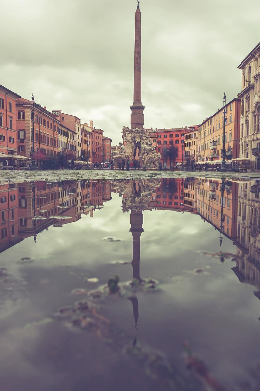 水たまり、柱、反射、雨、ミラーリング、水、アスファルト、建築、ローマ、イタリア