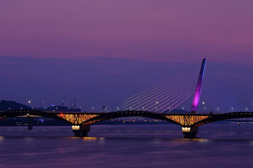 fiume, ponte, tramonto, crepuscolo, paesaggio, notte, sera, architettura, posto famoso, illuminato, paesaggio urbano