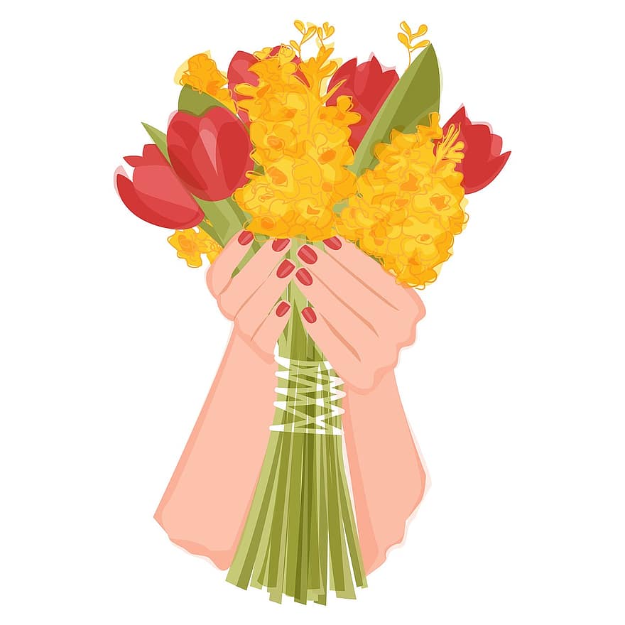 kytice, květiny, floristika, složení, žluté květy, tulipány, barva buk, mnoho barev