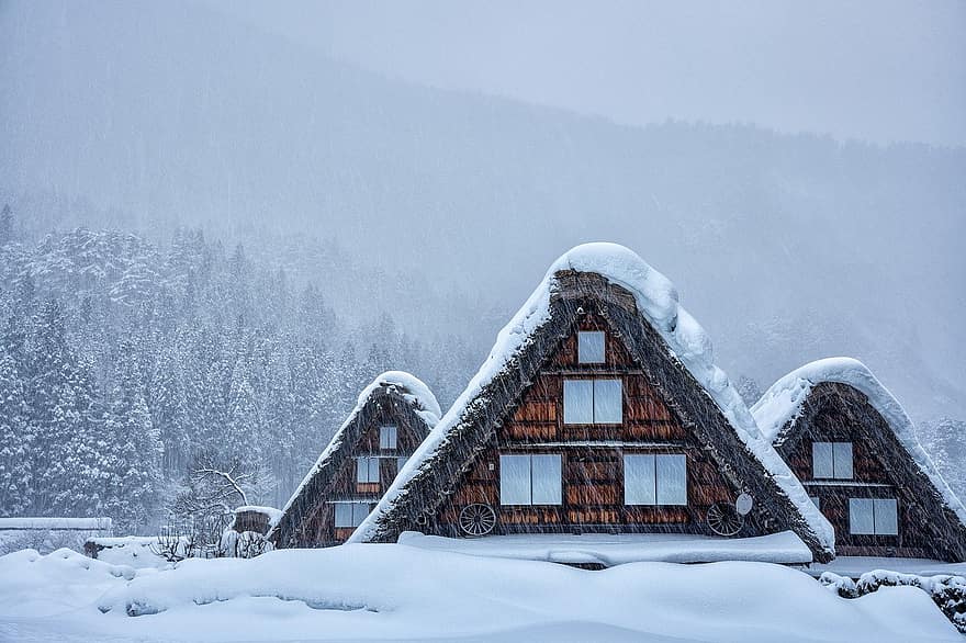 cidade, casa, inverno, temporada, frio, queda de neve, campo, abrigo, shirakawa-go, Casa Privada Gassho-zukuri, Japão