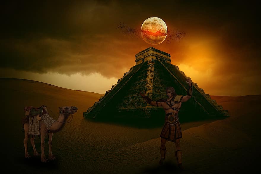 фон, пустыня, Луна, верблюд, воин, фантастика, персонаж, цифровое искусство, люди, заход солнца, пирамида