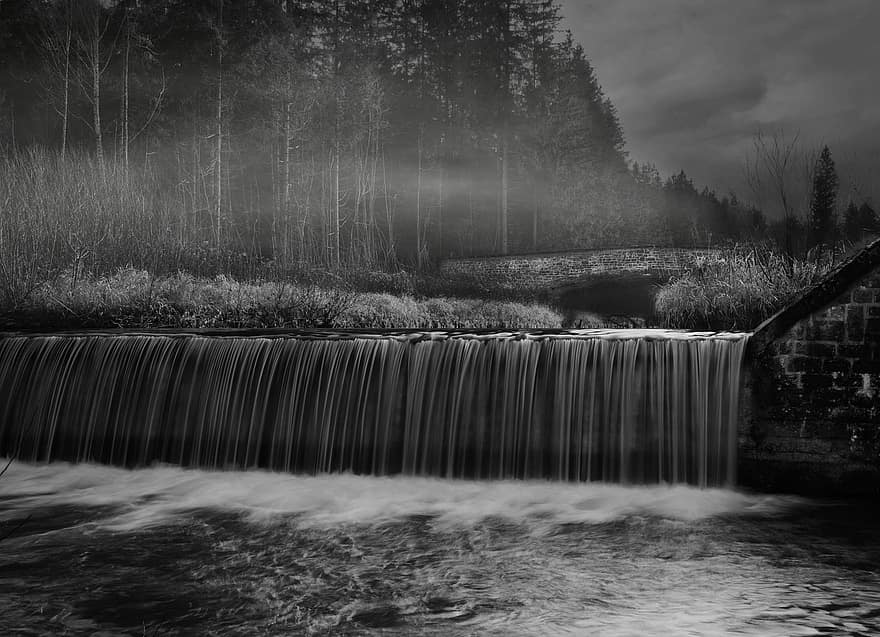 Waterfall, Fog, Forest, Landscape, Nature, Trees, Long Exposure, water, tree, flowing, black and white