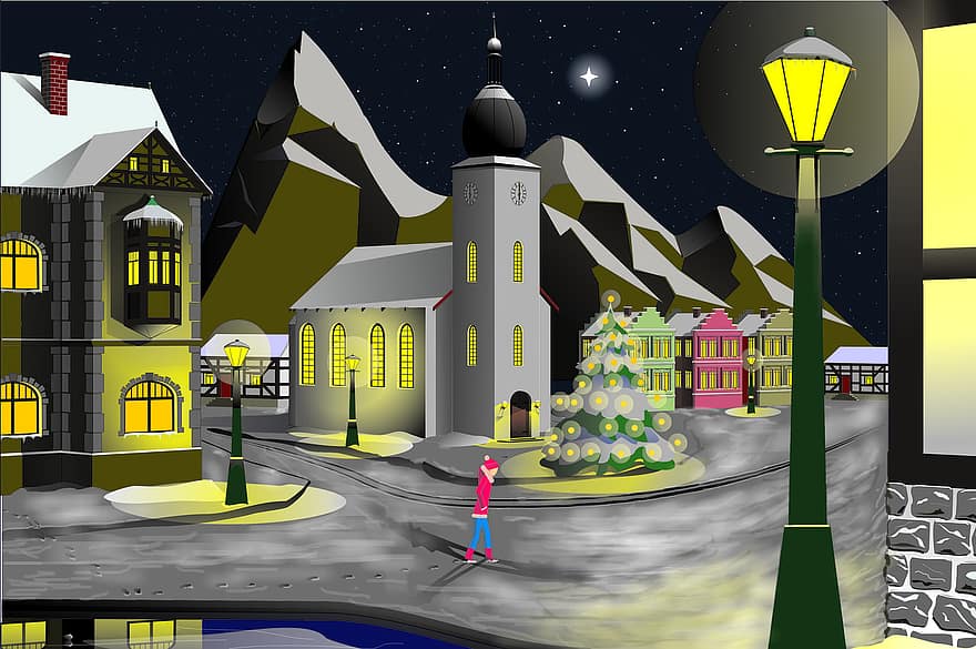 grafinis, žiemos kaimas, bažnyčia, Kalėdos, snieguotas, naktis, namų, kalnai