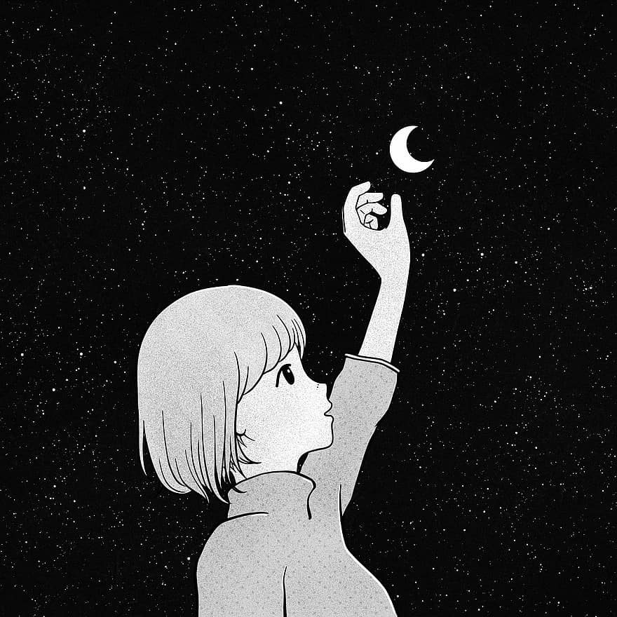 момиче, луна, вселена, достигнат, улов, жена, звезди, звезден, галактика, пространство, нощ