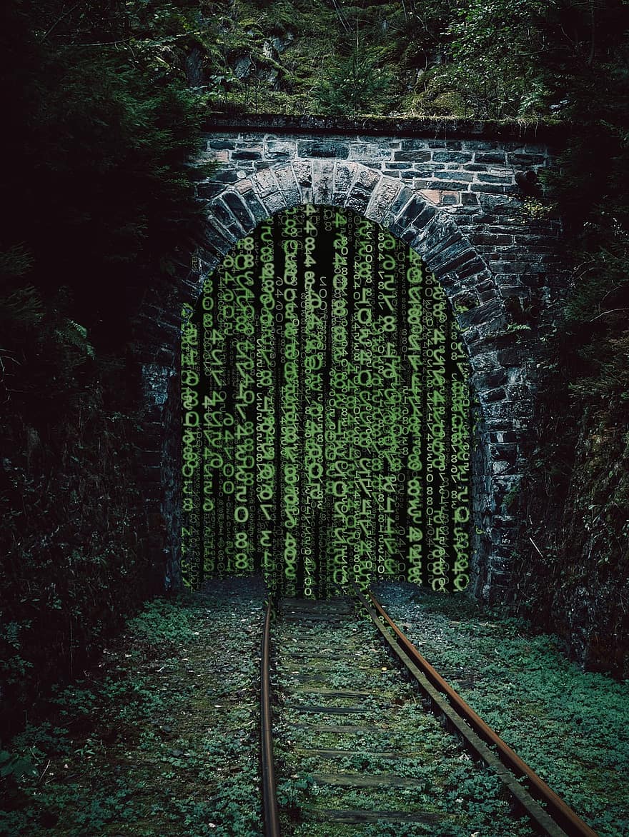 tunelis, dzelzceļš, dzelzceļa tunelis, tumšs, ēna, matrica, kodu, numurus, portālu, vilciens, vilcienu ceļa