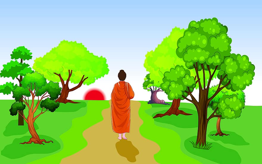Buddha, Zen, Mönch, Meditation, Yoga, Almosen, Bettelorden, Waldbäume, Bäume, zurück, Schritte gelöst