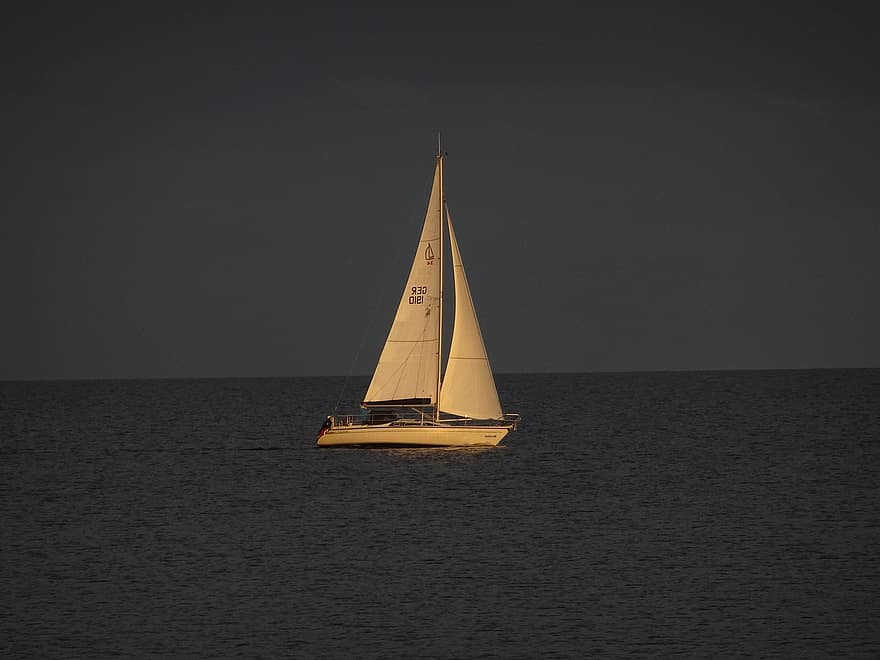 Boot, Sonnenuntergang, Meer, Wasser, Segeln, szenisch, Schiff