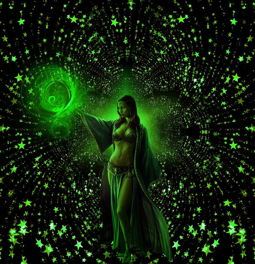 tovenaar, vrouw, gloeiend, groene sterren, achtergrond