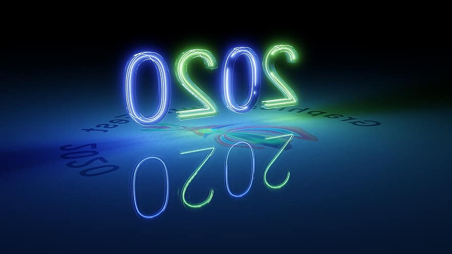 neon, cahaya, hijau, biru, digit bercahaya, Es, logo es, 2020, kaca, logo biru