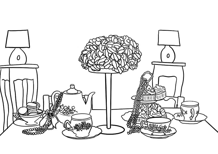 čajový dýchánek, pečivo, perokresby, čaj, konvice na čaj, šálky, stůl, košíčky, macarons, květiny, umělecká díla