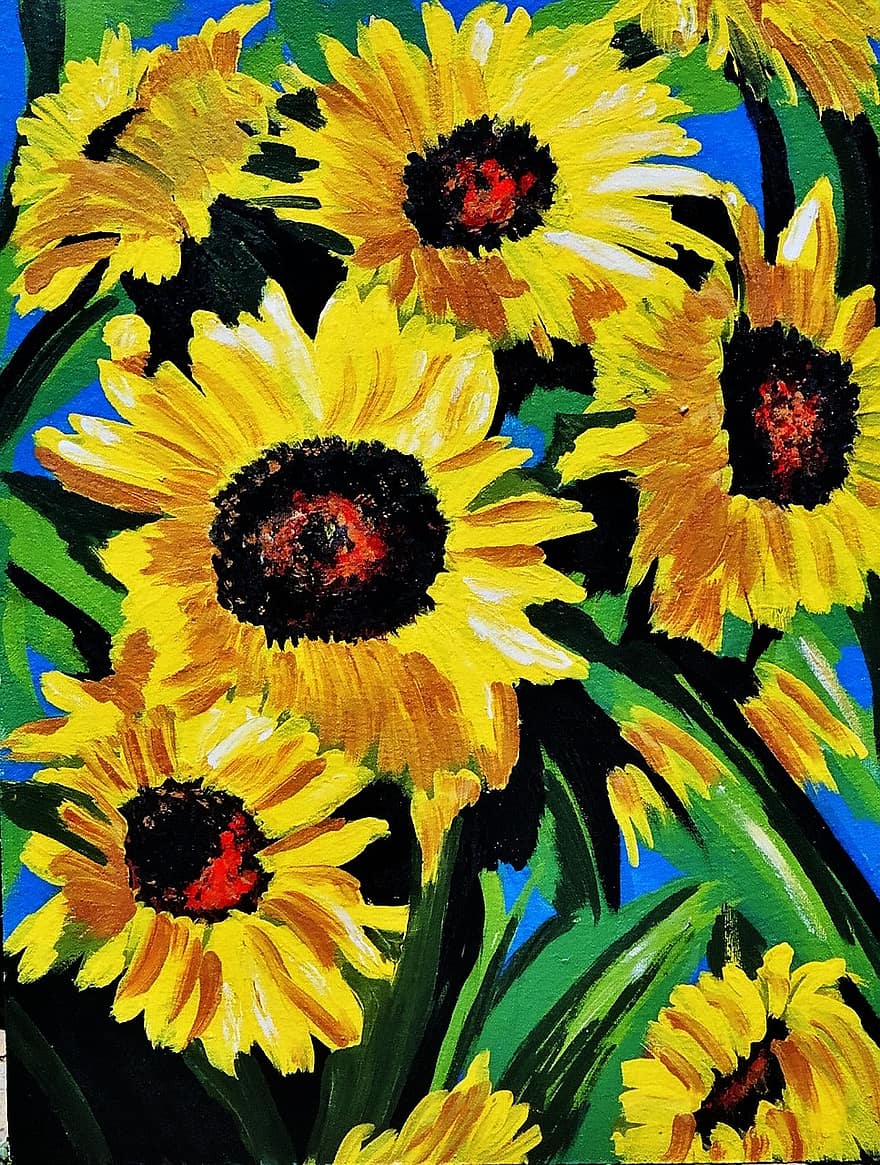 Malované slunečnice, akrylová barva, plátno, tučně