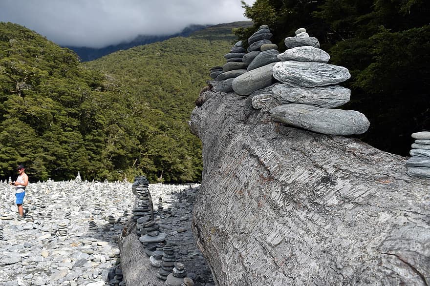 Air Terjun Fantail, Selandia Baru, formasi batuan, Oceania, perjalanan, batu, gunung, keseimbangan, tumpukan, musim panas, relaksasi