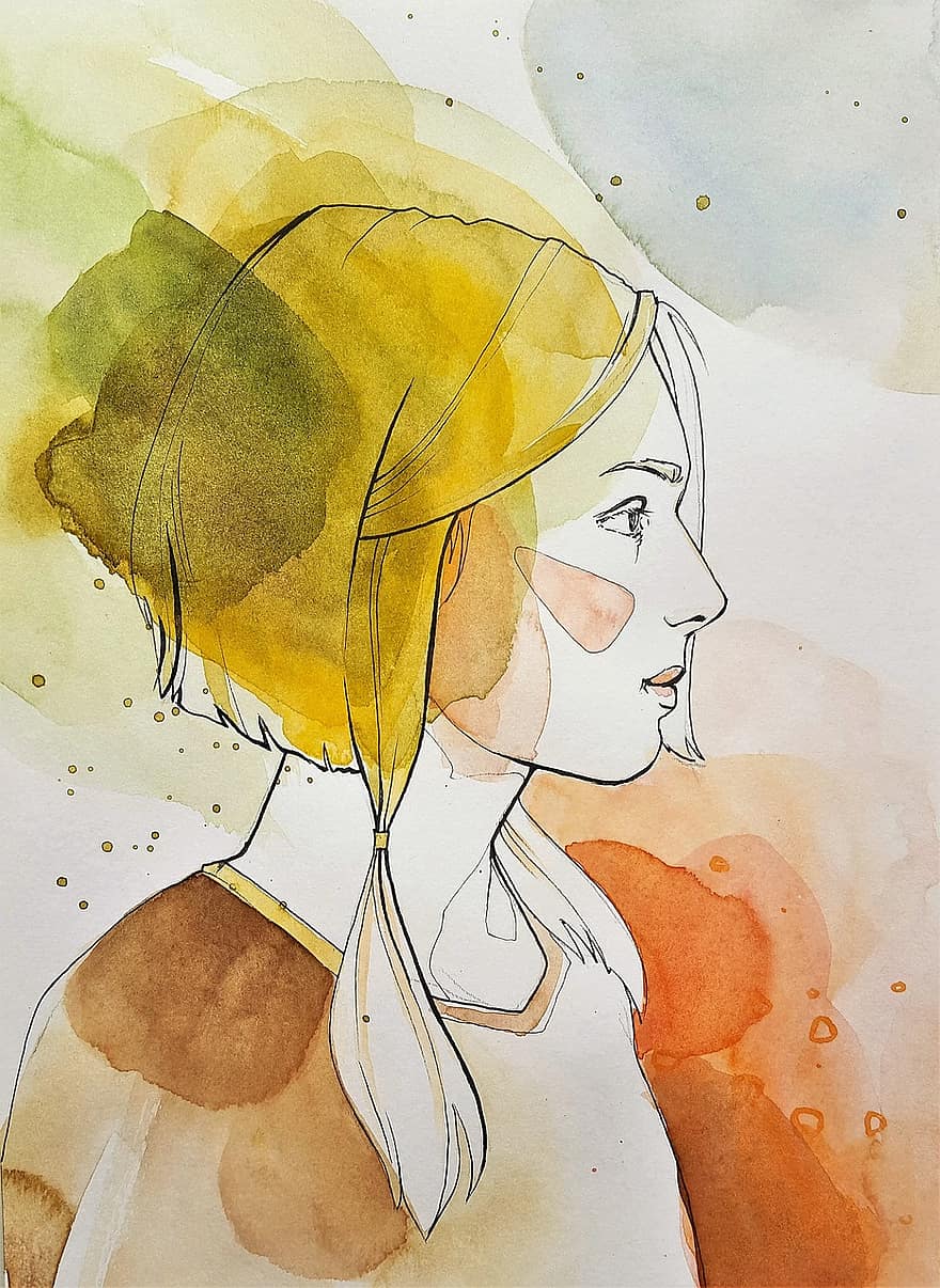 Art, Painting, Woman, Girl, Watercolor, Paper, Profile, Portrait