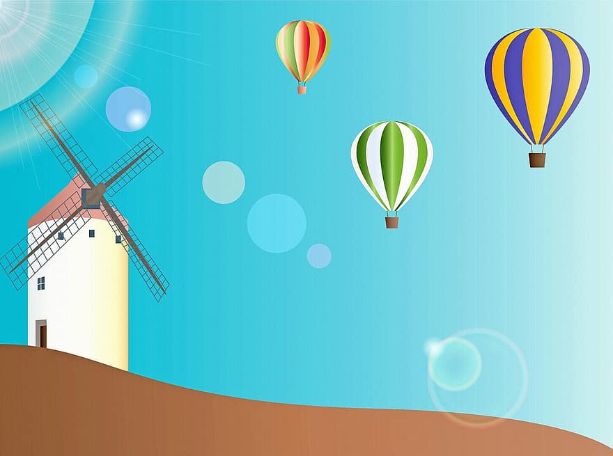 пейзаж, Вятърна мелница и балони с горещ въздух, балон с горещ въздух, небе, вятърна мелница, балон, приключение, цветен, въздух, летене, с балон