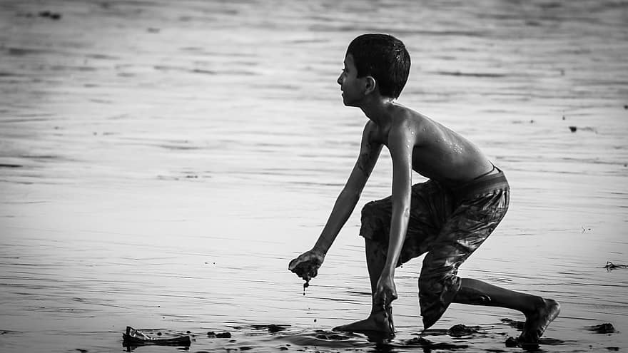 Kid, Boy, Beach, Playing, Child, Young, Childhood, Playful, Happy, Happiness, Sea